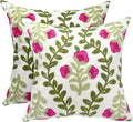 Alysheer Floral Embroidered Summer Decorative Throw Pillow Covers 20"x 20" Set of 2, Farmhouse Cottage Hot Pink Flowers Green Leaves Knit Pattern Cotton Canvas Cushion Case for Couch Bed Living Room