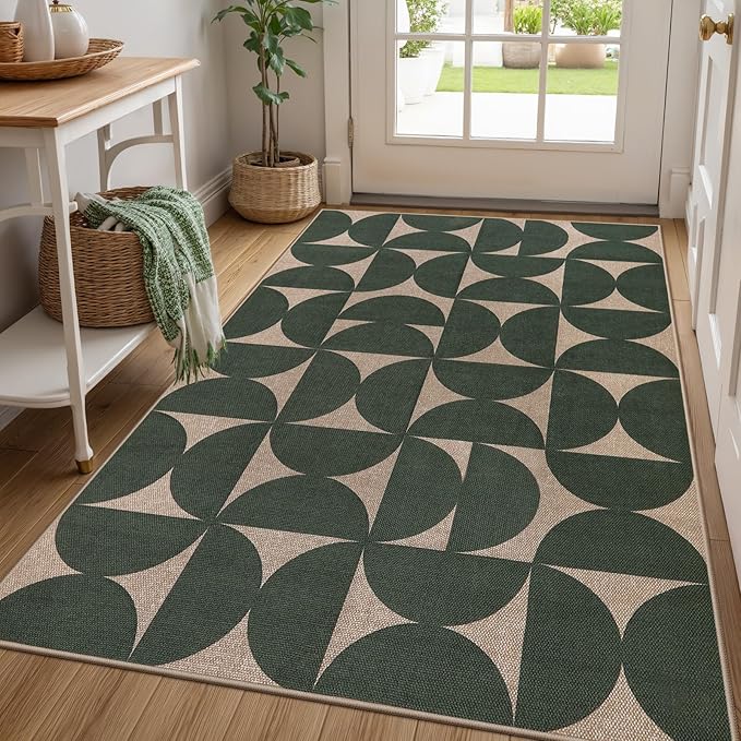 Lahome Modern Geometric Easy Jute 5x7 Washable Green Outdoor Rug, Non Shedding Woven Carpets for Living Room, Neutral Semi-Circle Non Slip Rug for Classroom Office Backyard