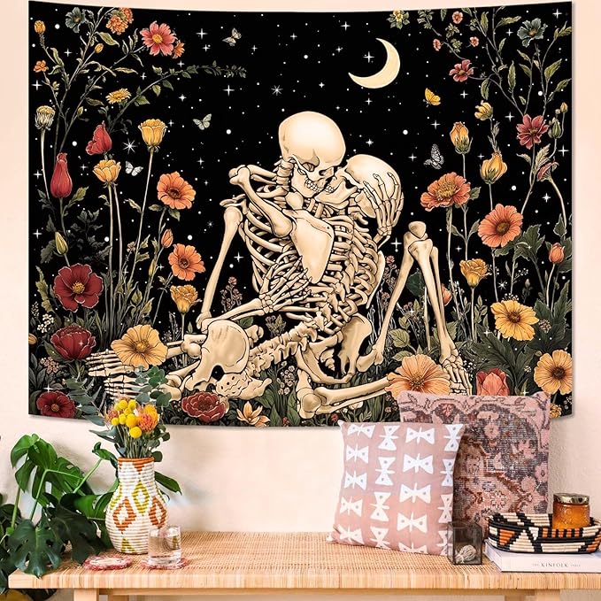 Accnicc Floral Skeleton Lovers Tapestry for Bedroom Gothic Skull Wall Tapestry Aesthetic Vintage Flower Plant Small Tapestries Wall Hanging for Living Room Dorm 48 x 36 Inch