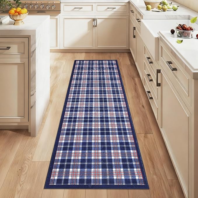 GarveeHome Checkered 2x6 Runner Rug, Machine Washable Stain Resistant Rug with Non Slip Backing, Carpet with Low-Pile for Hallways Kitchen Entryway Bedroom Living Room Blue