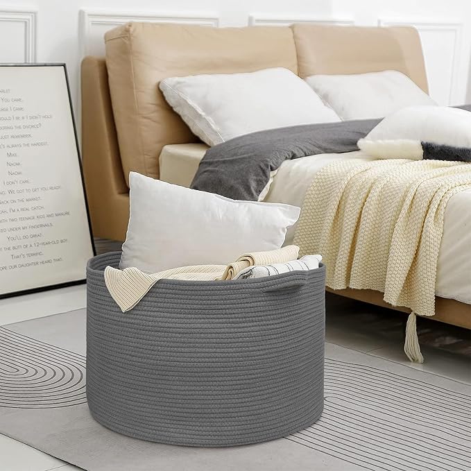 Large Dark Grey Storage Basket, Woven Cotton Rope Baskets for Storage, Big Blanket Organizer Storage Basket for Living Room, Kids Room Toy Storage Organizer Box, Blanket Keeper (22"x14")