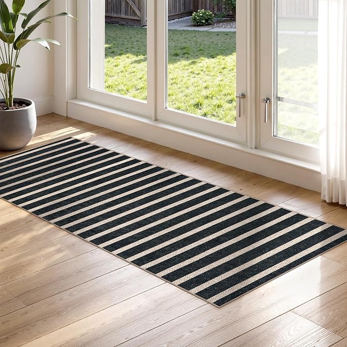Lahome Elance Striped Easy Jute Kitchen Runner, 2x6 Washable Rug Runners for Hallways Non Slip Entryway Rug, Farmhouse Neutral Indoor Outdoor Black Carpet for Laundry Room Front Porch