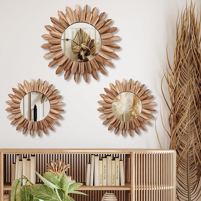 3 Pcs Boho Wall Decor Round Sunburst Mirror Boho Circle Mirror with Rustic Wood Frame Decorative Hanging Wall Art for Farmhouse Home Decor,17 Inch and 12 Inch(Wood Color)