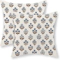 Brown Blue Pillow Covers 20x20 Inch Set of 2 Boho Block Print Floral Throw Pillows Vintage Flower Decorative Pillow Cases Outdoor Linen Farmhouse Cushion Cover for Couch Sofa Bed Decor