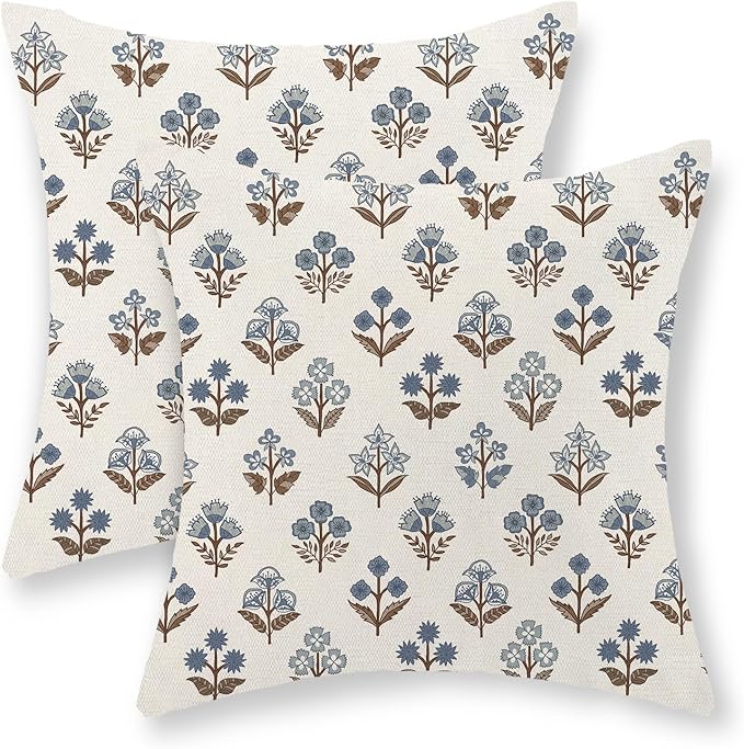 Brown Blue Pillow Covers 18x18 Set of 2 Boho Block Print Floral Pillow Cases Vintage Flower Pattern Decorative Throw Pillows Linen Outdoor Decor Farmhouse Cushion Cover for Couch Sofa Bed