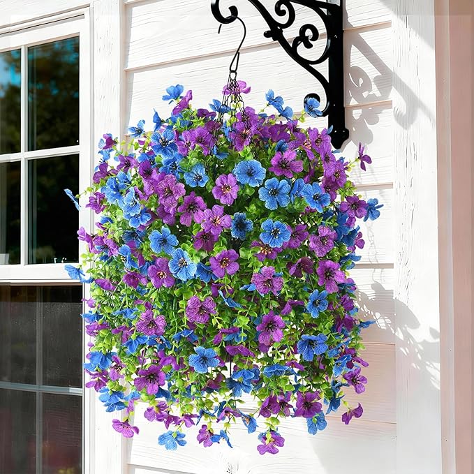 Artificial Flowers Hanging Baskets, 4 Bundles Outdoor Hanging Basket Spring Summer Decoration, No Fade Realistic Fake Flowers Plants for Porch Patio Balcony Home Yard Decor(Purple Blue)