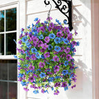 Artificial Flowers Hanging Baskets, 4 Bundles Outdoor Hanging Basket Spring Summer Decoration, No Fade Realistic Fake Flowers Plants for Porch Patio Balcony Home Yard Decor(Purple Blue)