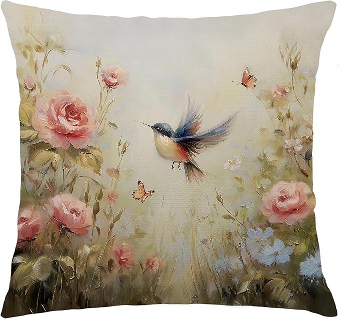 Vintage Spring Hummingbird Floral Pillow Cover 20x12 Double-Sided,Rustic Cottagecore Decor,French Country Spring Wildflower Bird Decorative Throw Pillow Cover for Couch Bed Bedroom Living Room