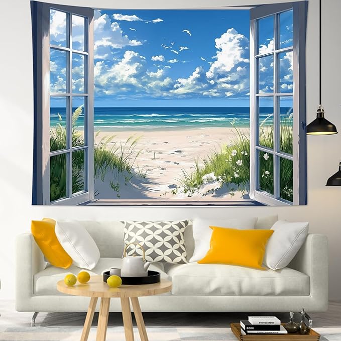 EOBTAIN Coastal Beach Tapestry Wall Hanging Blue Ocean and Sky outside the Window Landscape Tapestries Summer Nature Tapestry for Bedroom Living Room 80x60 Inch