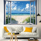 EOBTAIN Coastal Beach Wall Tapestry Blue Ocean and Sky outside the Window Landscape Tapestries Wall Hanging Summer Nature Poster Tapestry for Bedroom Living Room 59x51 Inch
