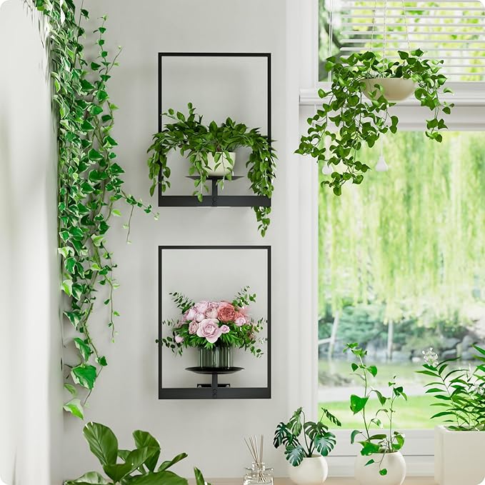 Black Metal Wall Plant Holder - 3-Pack Wall Mounted Plant Stands and Hanging Holders for Indoor Planter and Flower Pot -Rectangle Decor Shelf for Plant Storage (Pot Not Included)