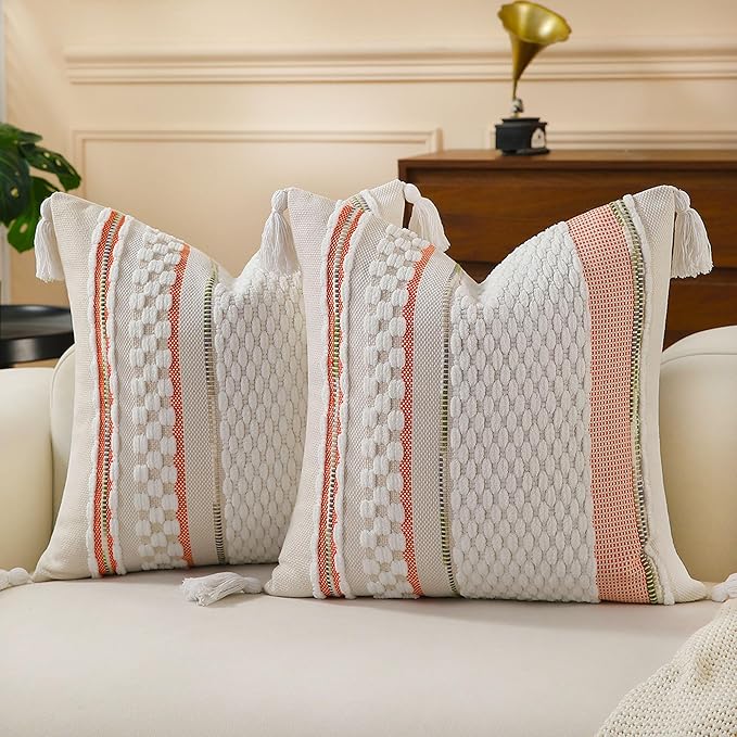 Set of 2 Boho Pillow Covers with Tassels Orange White 18x18 Inch Farmhouse Decorative Chenille Tufted Striped Throw Pillow Covers, Neutral Accent Square Pillowcase for Couch Bed Living Room