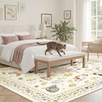Cat 6x9 Area Rugs for Living Room, Machine Washable Animal Floral Vintage Rug Non-Slip Low Pile Soft Throw Rugs for Bedroom Dining Room Kitchen Nursery Playroom (6 x 9,Beige)