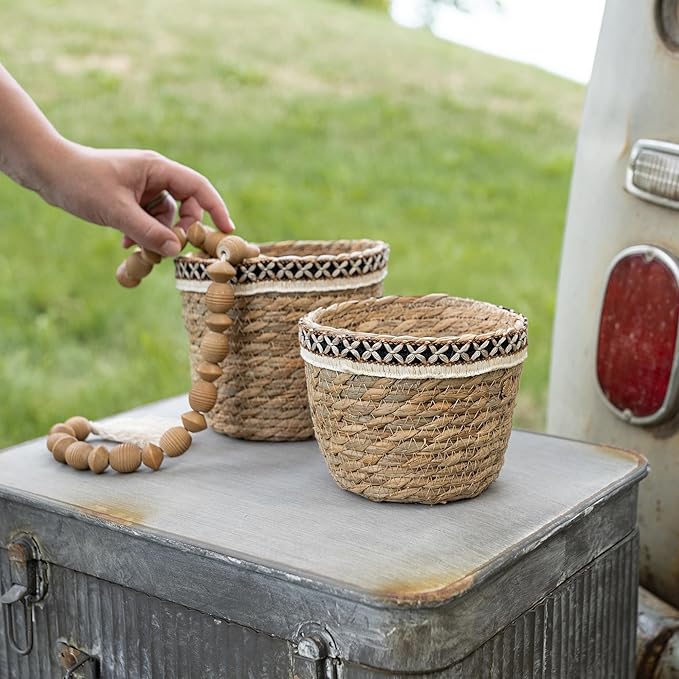 Foreside Home and Garden Set of 2 Embroidered Rim Baskets Natural Seagrass & Jute by Foreside Home & Garden