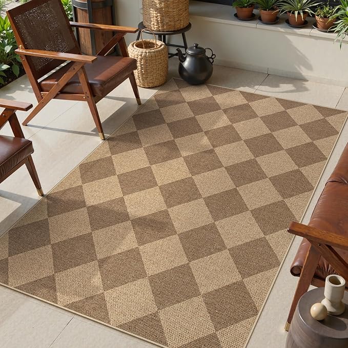 Lanffia Checkered Easy Jute Entryway Rugs, 3x5 Neutral Outdoor Rug for Patios, Checkerboard Washable Indoor Outdoor Rug, Farmhouse Non Slip Stain Resistant Front Door Carpet for Porch