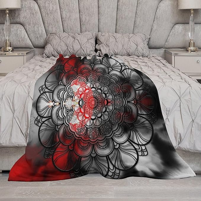 Black Red Mandala Throw Blanket Abstract Yellow Red Black Boho Floral Modern Blanket for Sofa Bed Couch Chair Or Dorm 60"x80"