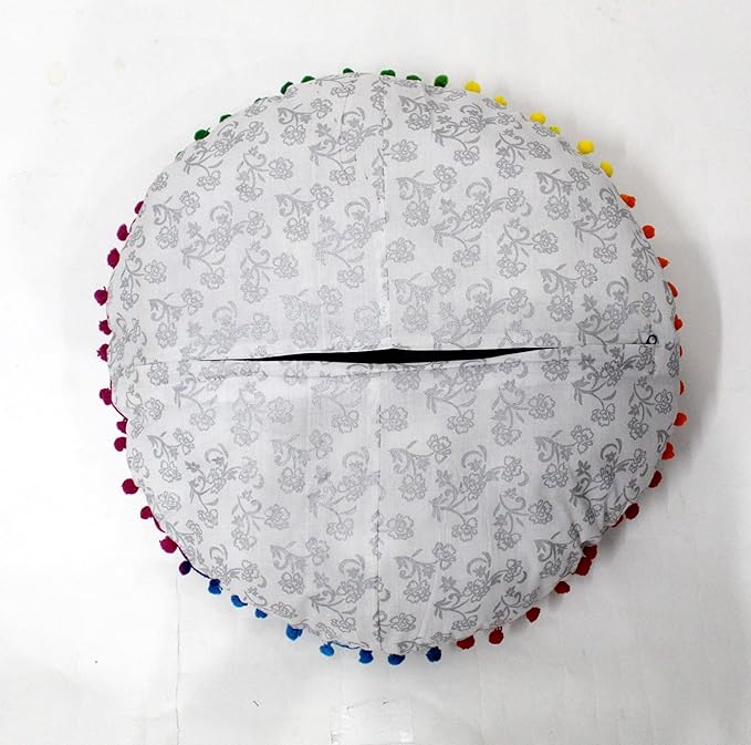 CRAFT KALA 22" Bohemian Floor Pillow Pouf Cover Mandala Boho Large Round Meditation Room Pillow Covers for Adults Seating Poufs Cushion Cover for Kids Playroom Silver Flower