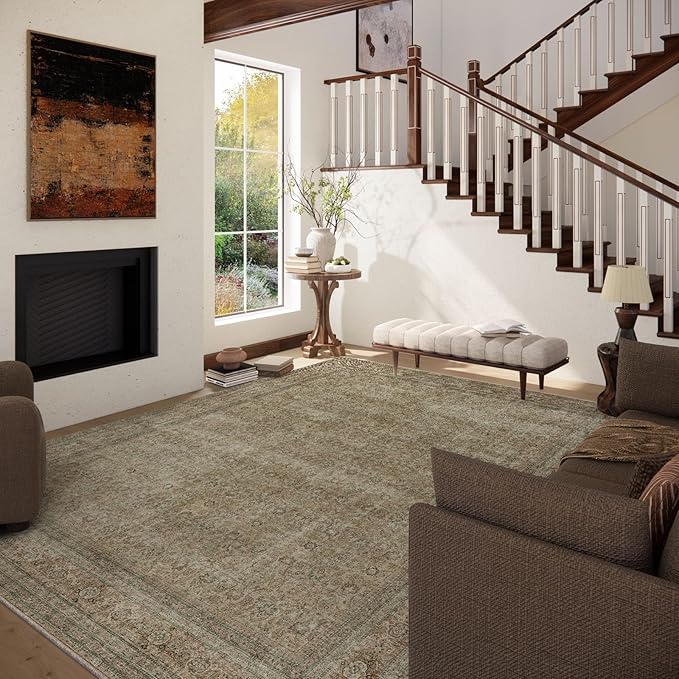 Washable Area Rugs for Living Room: 9x12 Bedroom Rug Boho Vintage Rugs Stain Resistant Non Slip Low Pile Lightweight Soft Carpets for Dining Room Kitchen Nursery Kids Room Farmhouse Living Room