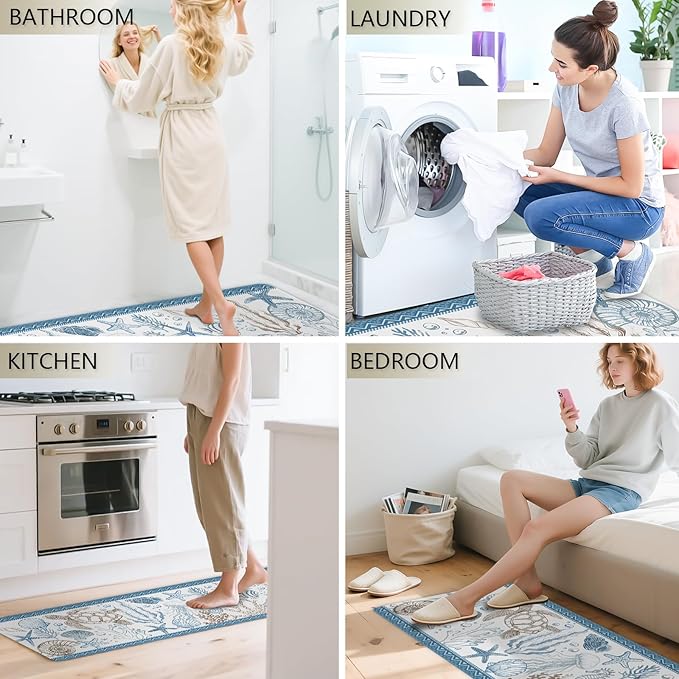 Coastal Rugs for Kitchen Floor, Beach Anti Fatigue Mats for Kitchen Floor Non Slip, 2PCS Rubber Ocean Coral Kitchen Mat, Washable Cushioned Runner Carpet for Sink Laundry 15.7"×27.5" +15.7"×47" 3.5mm