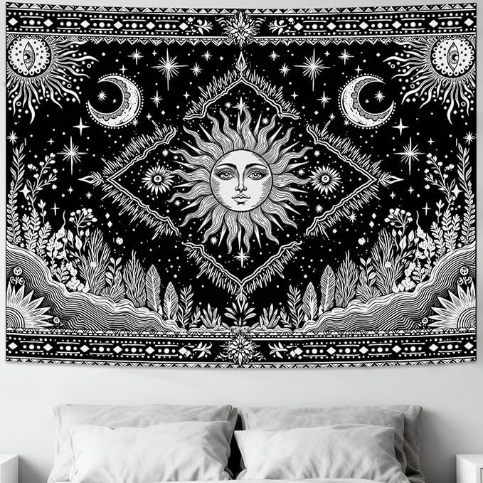 Accnicc Black and White Sun and Moon Tapestry Hippie Boho Celestial Wall Tapestry for Bedroom Aesthetic Vintage Plant Spiritual Small Tapestries Wall Hanging for Dorm Living Room Decor 48 x 36 Inch
