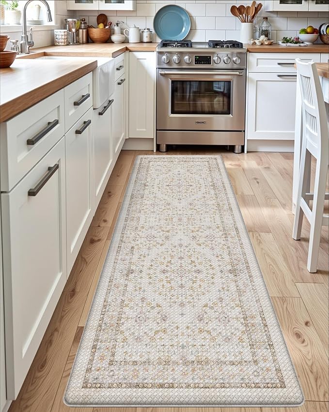 DEXI Kitchen Floor Mats Cushioned Anti Fatigue, 23x86 Long Wide Standing Comfort Runner Rug, Waterproof Rubber Memory Foam Padded for Front Sink Laundry, Beige/Ivory