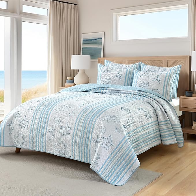 HORIMOTE HOME Coastal Quilt Bedding Set King Size, Striped Blue Summer Beach Quilt Lightweight Ocean Nautical Comforter Tropical Bedspread Coverlet with 2 Pillow Shams for All Seasons (106"x96")