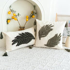 Linen Green Leaf Throw Pillow Cover, Tasseled Square Pillowcase with Tufted Tropical Fern Leaves, Modern Decorative Sham for Rustic Spring Summer Home Outdoor Decor, 18x18 inches, 1PCS
