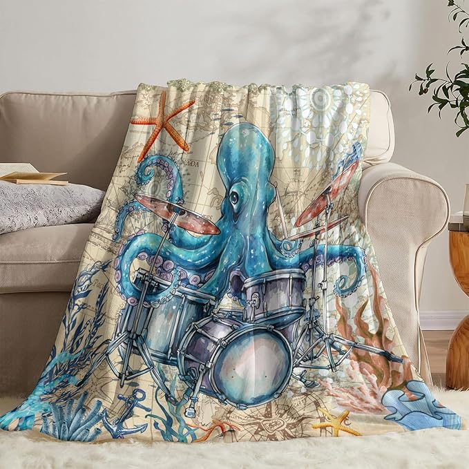 Octopus Throw Blanket, Vintage Soft Cozy and Warm Couch Blankets Gift for Octopus Lover, Decorative Blankets for Sofa Couch Bed, Blue Beige 50×60 inches