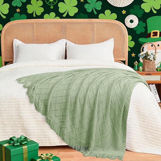 inhand Basil Green Knitted Throw Blanket for Couch and Bed, St. Patrick’s Day Lucky Spring Gifts Throw for Her or Him, Soft Farmhouse Woven Blanket with Tassel, Lightweight Decorative, 50"x60"