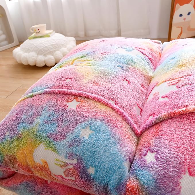 Mengersi Velvet Floor Pillows,Unicorn Glow in The Dark Pillow Bed Floor Lounger Cover for Kids Girls Boys,Mattress Floor Bed Sleeping Mat for Girls Teen Toddler,Requires 5 Pillows(Queen,Pink)