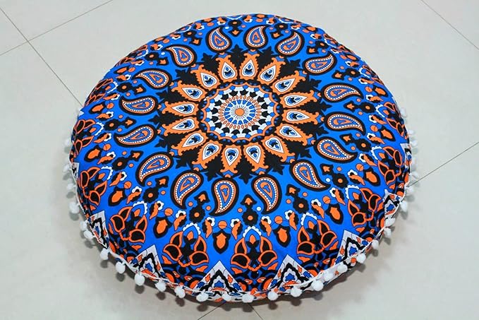 CRAFT KALA 22" Mandala Meditation Floor Pillows Cover Pouf Cover Round Seating Bohemian Mandala Cotton Floor Cushion Cover Outdoor Fireplace Seating Living Room Yoga Room Home Décor Blue Yellow Flower