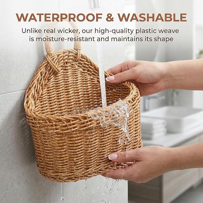 DOITOOL Set of 2 Wicker Hanging Basket for Wall, Front Door, Flowers, Mail, Fruit - Boho Handmade Rattan Hanging Wall Baskets for Garden Farmhouse Home Storage