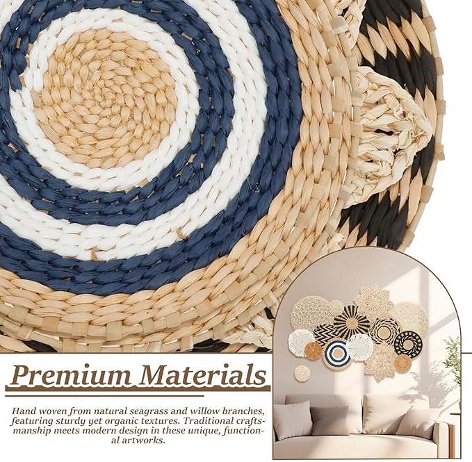 HJJWNDDNG 15 Pack Boho Wall Basket Decor Set, Hanging Woven Seagrass Rattan Wicker Boho Wall Decor, Round Farmhouse Wall Hanging Baskets Rustic Flat Wall Art for Living Room Bedroom Kitchen (Style 7)