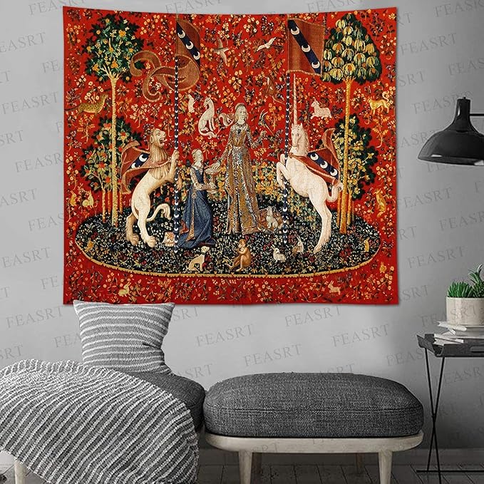 FEASRT Medieval Princess Tapestry Maiden and Unicorn - European Royal Tapestry, 60x51 Inches Soft Flannelette, for Living Room Royal Historical Decor