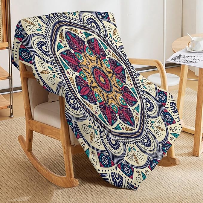 Abstract Mandala Throw Blanket Indian Hippie Bohemian Art Floral Texture Pattern Blanket for Sofa Bed Couch Chair Or Dorm 70"x80"
