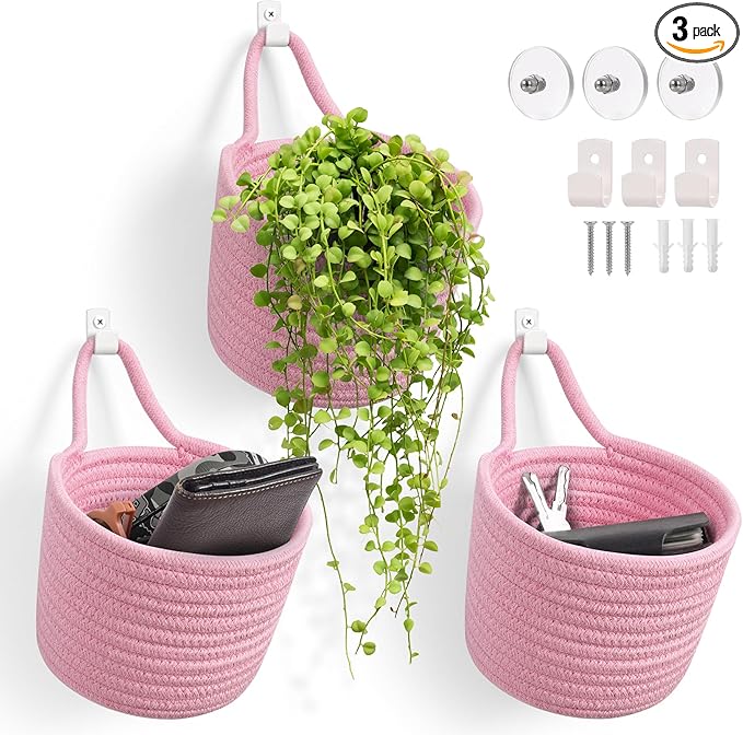 Fabric Wall Hanging Baskets - 3Pack Woven Pouchs Boho Style Wall Mounted Bag with Adhesive Hooks, Storage Organizers and Decoration Pocket Caddy Bins on Door Rack (Bright Pink & White, Large)