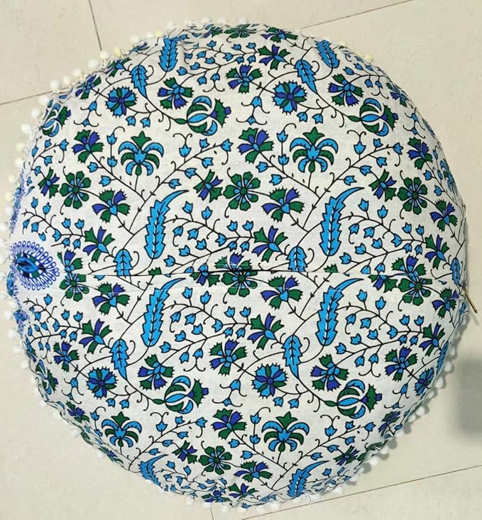 CRAFT KALA Mandala Floor Pillow Cushion Cover Seating Throw Cover Hippie Decorative Bohemian Ottoman Poufs Pom Pom Pillow Cases Indian Cotton Living Room Home Décor 24" Round Set Of 2, Sky Blue Mirchi