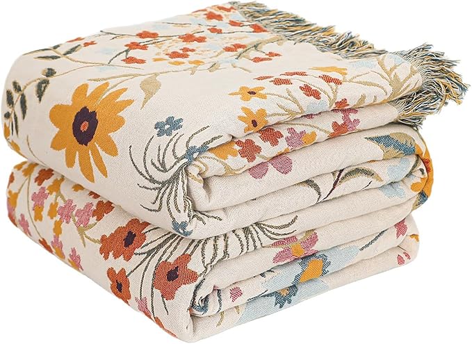 Boho Throw Blanket for Home Decor,Ultra Soft Throw Rustic Classic Quilt,100% Cotton Muslin Blankets for Adults, Reversible Woven Decorative Blanket for Bed Layering Use, Colorful Floral, 50"x60"