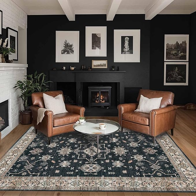 5x7 Area Rugs for Living Room Bedroom, Large Washable Rug, Black Vintage Floral Boho Rug, Non Slip & Low Pile Faux Wool Thin Carpet for Indoor Dining Room and Kids Room(Black 5x7ft)