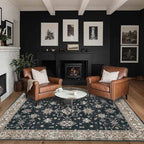 5x7 Area Rugs for Living Room Bedroom, Large Washable Rug, Black Vintage Floral Boho Rug, Non Slip & Low Pile Faux Wool Thin Carpet for Indoor Dining Room and Kids Room(Black 5x7ft)