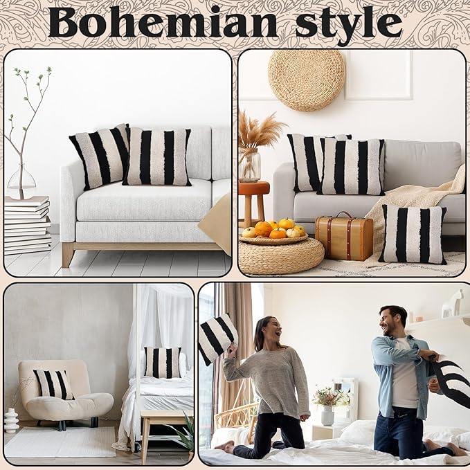 Oudain 2 Pcs Black and White Tufted Pillow Covers Boho Chunky Geometric Decorative Throw Pillow Case 18 x 18 Inches Abstract Pillowcases for Bed Couch(Black, White, Stylish Style)