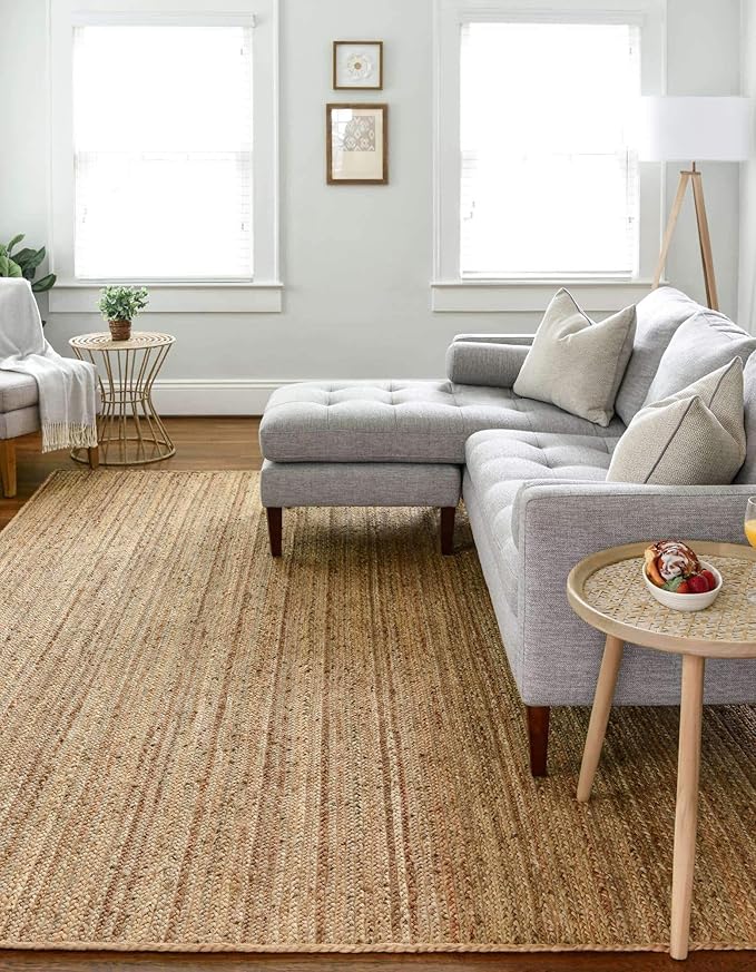 Hand Woven Jute Rug 10x14 Feet Rectangle - Handcrafted Braided Design, Indoor & Outdoor Reversible Natural Fiber Rug - Rustic Farmhouse Carpet for Living Room, Hallway, Bedroom (Natural, 10'x14')