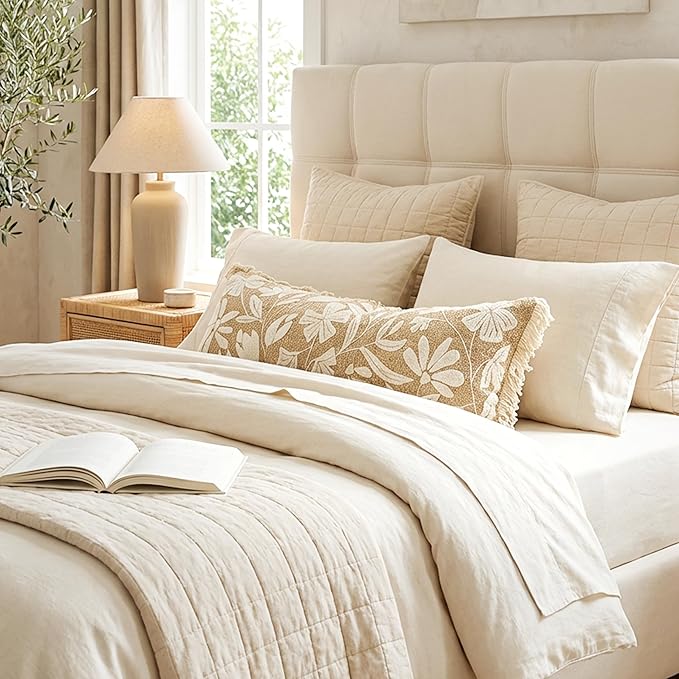 BlissBlush Jute Decorative Spring Long Lumbar Pillow Cover 14x36, Neutral Floral Tufted Body Pillow for Bed, Accent Lumbar Throw Pillow for Bedroom,Outdoor Lounge (Cover Only)