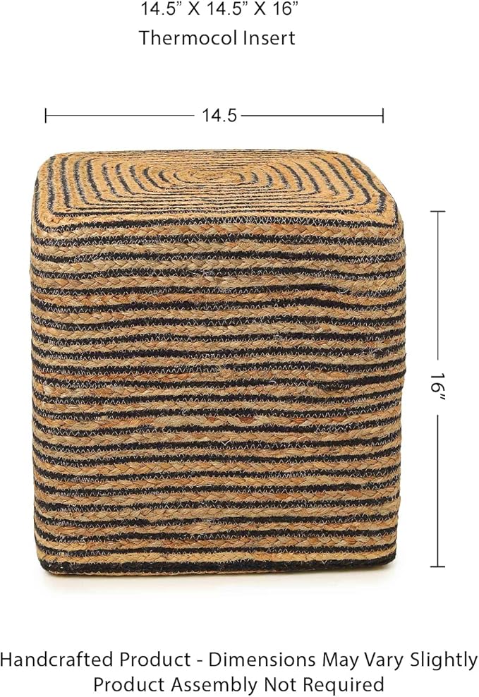REDEARTH · Cube Pouf Foot Stool Ottoman - Jute Braided Pouffe Poof Accent Sitting Footrest for The Living Room, Bedroom, Nursery, Patio, Lounge 50% Jute 50% Cotton (14.5”X14.5”X16”; Natural Black)