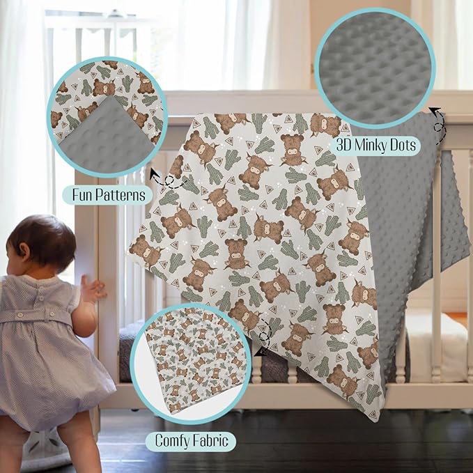 Mink Baby Boy Girl Blankets Boho Highland Cow Cactus, Gray Western Cowboy Soft Double Layer Dotted Backing Receiving Swaddle, Newborn Infant Toddler Nursery Crib Bedding Shower Gift 30" x 40"