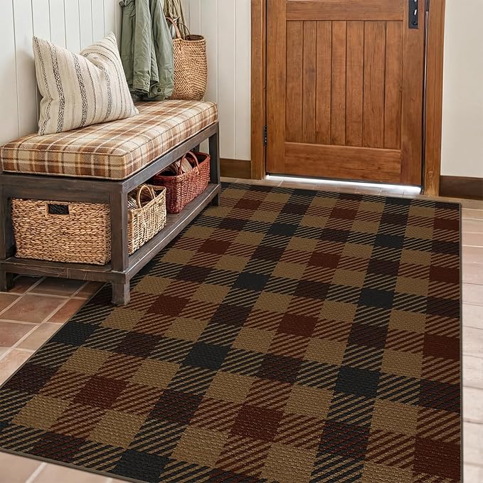 Neutral 4x6 Area Rug for Indoor Entrance - Easy Jute Brown and Red Checkered Rug for Large Entryway, Small Living Room, Stain Resistant Low Pile Retro Vintage Dark Décor