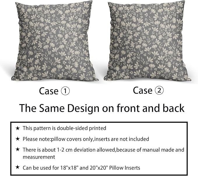Grey Gray Pillow Covers 22x22 Set of 2 Vintage Floral Rustic Old Style Cute Flower Print Decorative Outdoor Pillowcases Seasonal Farmhouse Throw Cushion Case Decor for Couch Sofa Bed