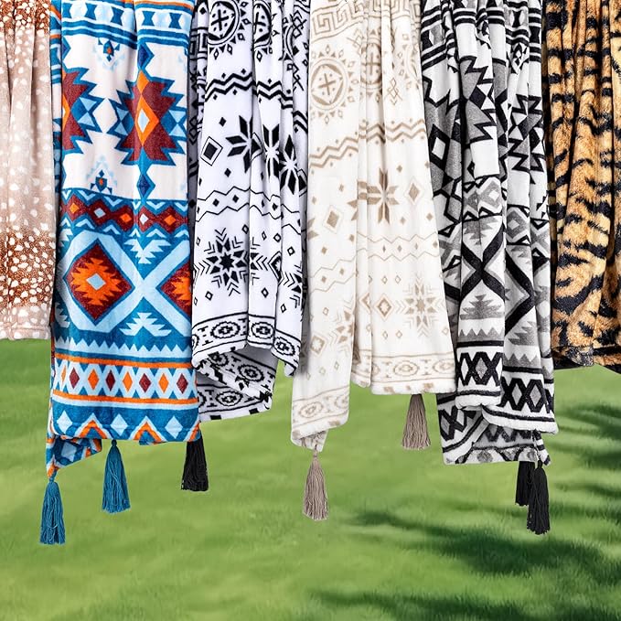 MACEVIA Flannel Boho Blanket for Couch, Country Western Aztec Blanket for Home Decor, Southwestern Throw Blankets with Tassel, Soft Cozy Printed Bohemian Blankets for Bed (Boho Beige02, 50x60inches)