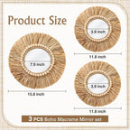 3 Pcs Boho Raffia Mirror Wall Hanging Decor 15.8 Inch 11.8 Inch Rustic Round Boho Circle Mirrors with Wood Bead Farmhouse Aesthetic Nursery Mirrors for Bedroom Living Room Bathroom Wall Decor