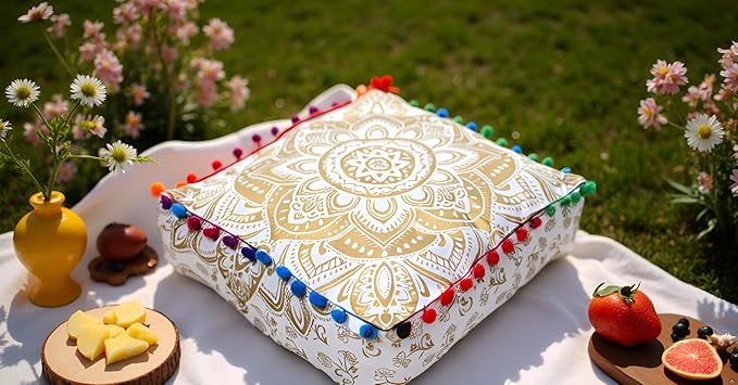 CRAFT KALA 16" Square Large Hippie Mandala Meditation Floor Ottoman Pillow Cushion Pouf Cover Square Poufs Bohemian Circle Floor Cushion Case Outdoor Fireplace Living Decor Cover White Gold Flower